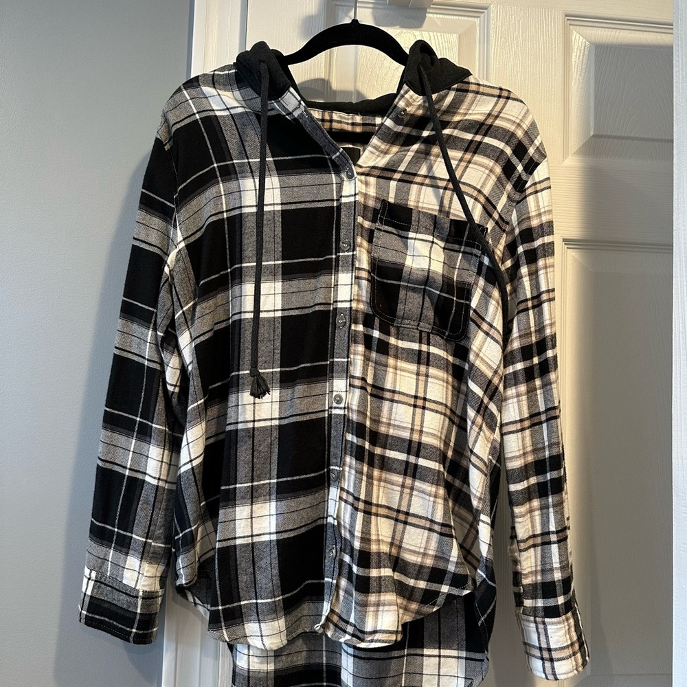 Love tree plaid button down with fleece hood